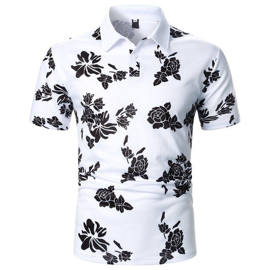 Slim Fit Black and White Floral Caddy Designed Performance Polo-Caddy Golf